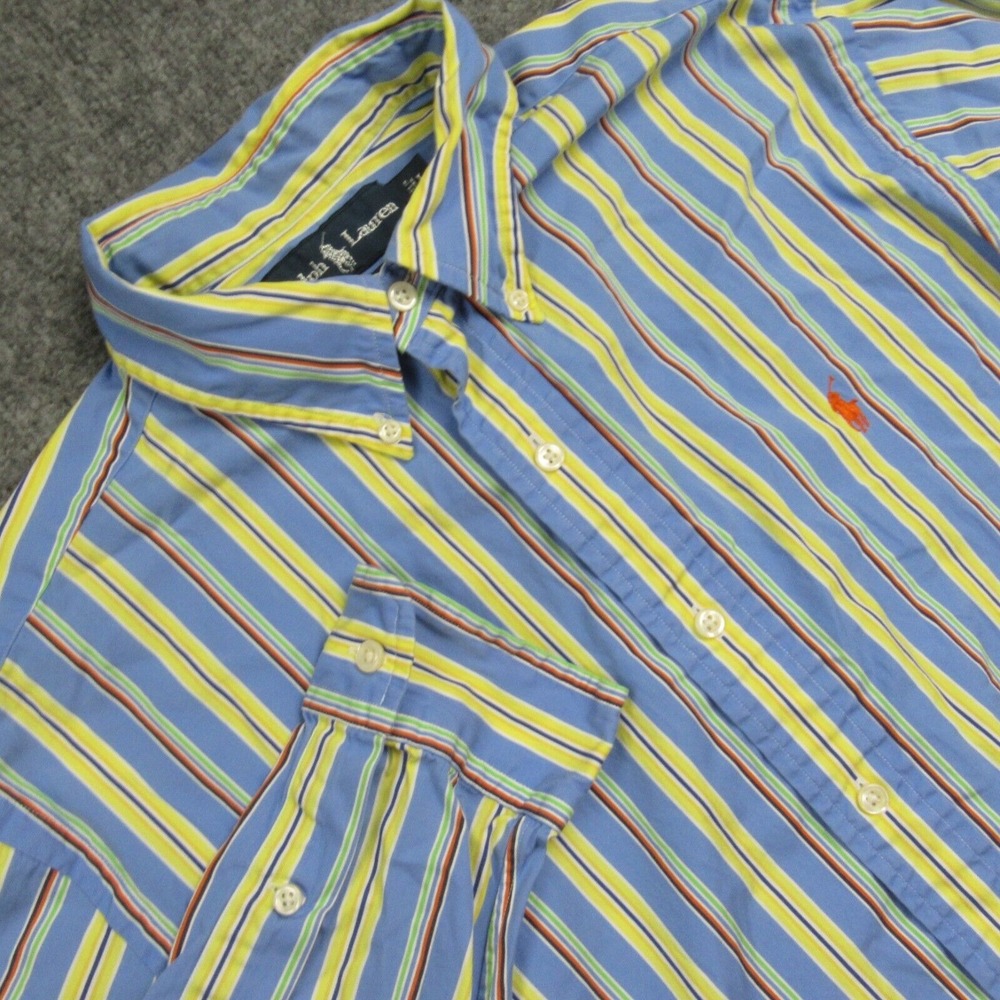 Polo Ralph Lauren‎ Shirt Mens Large Blue Yellow Striped Orange Pony Logo Poplin